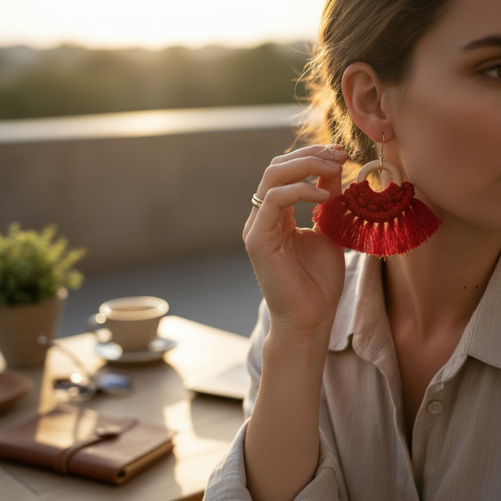 マクラメ ピアス ウッドリング Red