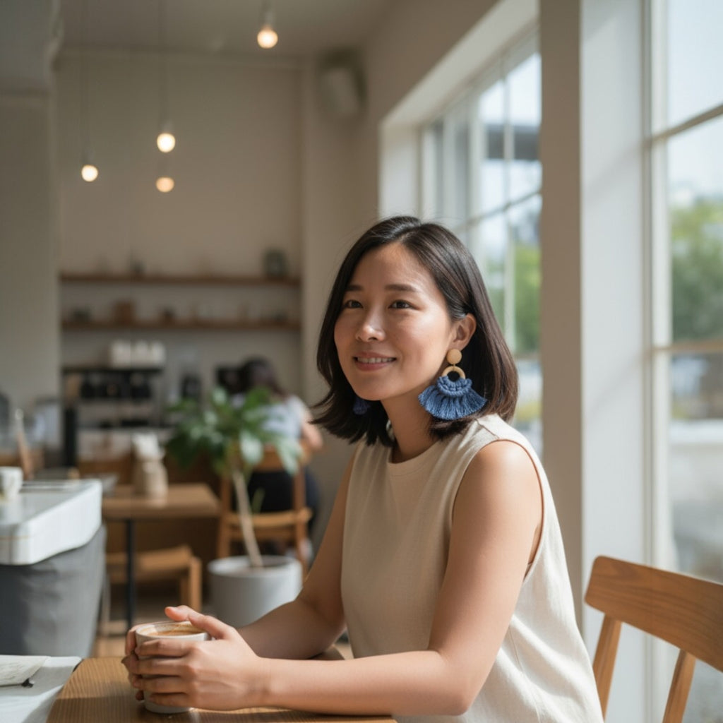 マクラメ ピアス ウッドリング Indigo Blue