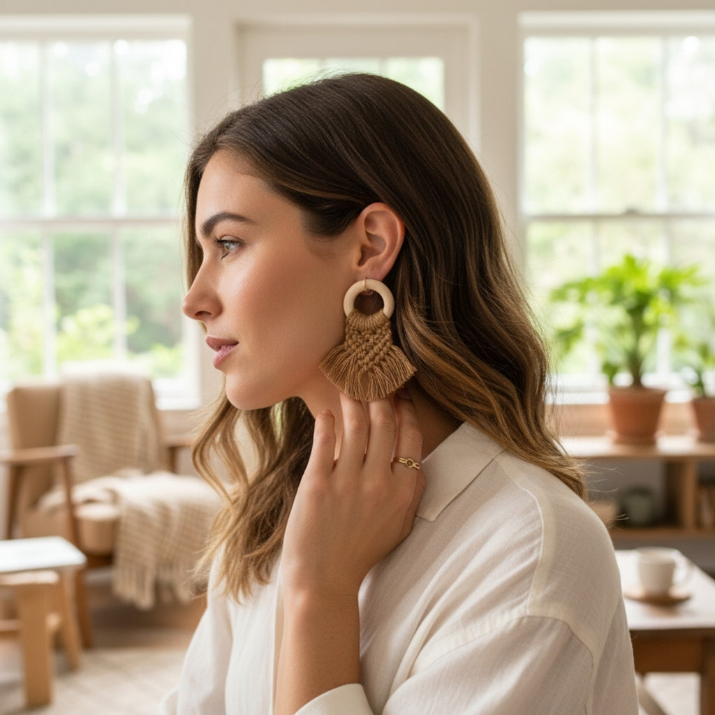 マクラメ ピアス ウッドリング Brown