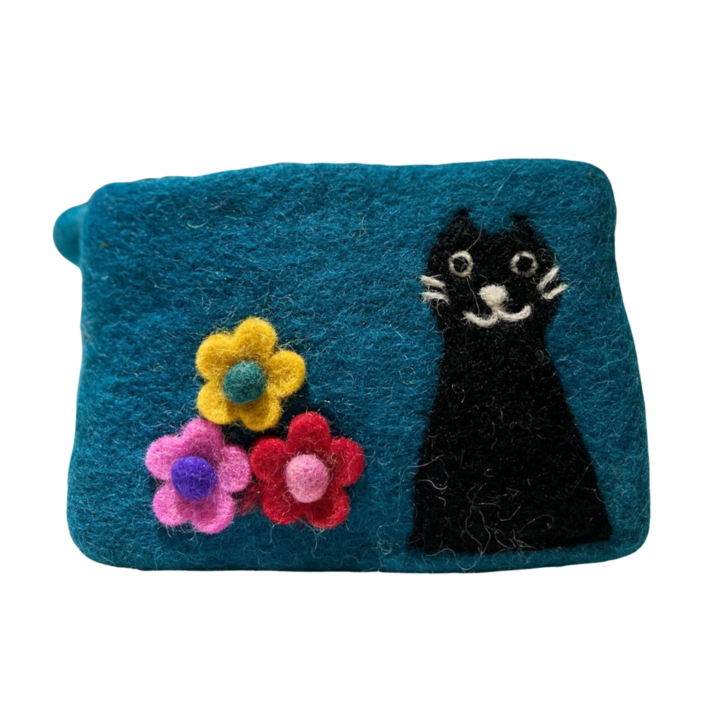 フェルト 黒猫とお花のポーチ【TURQUOISE】