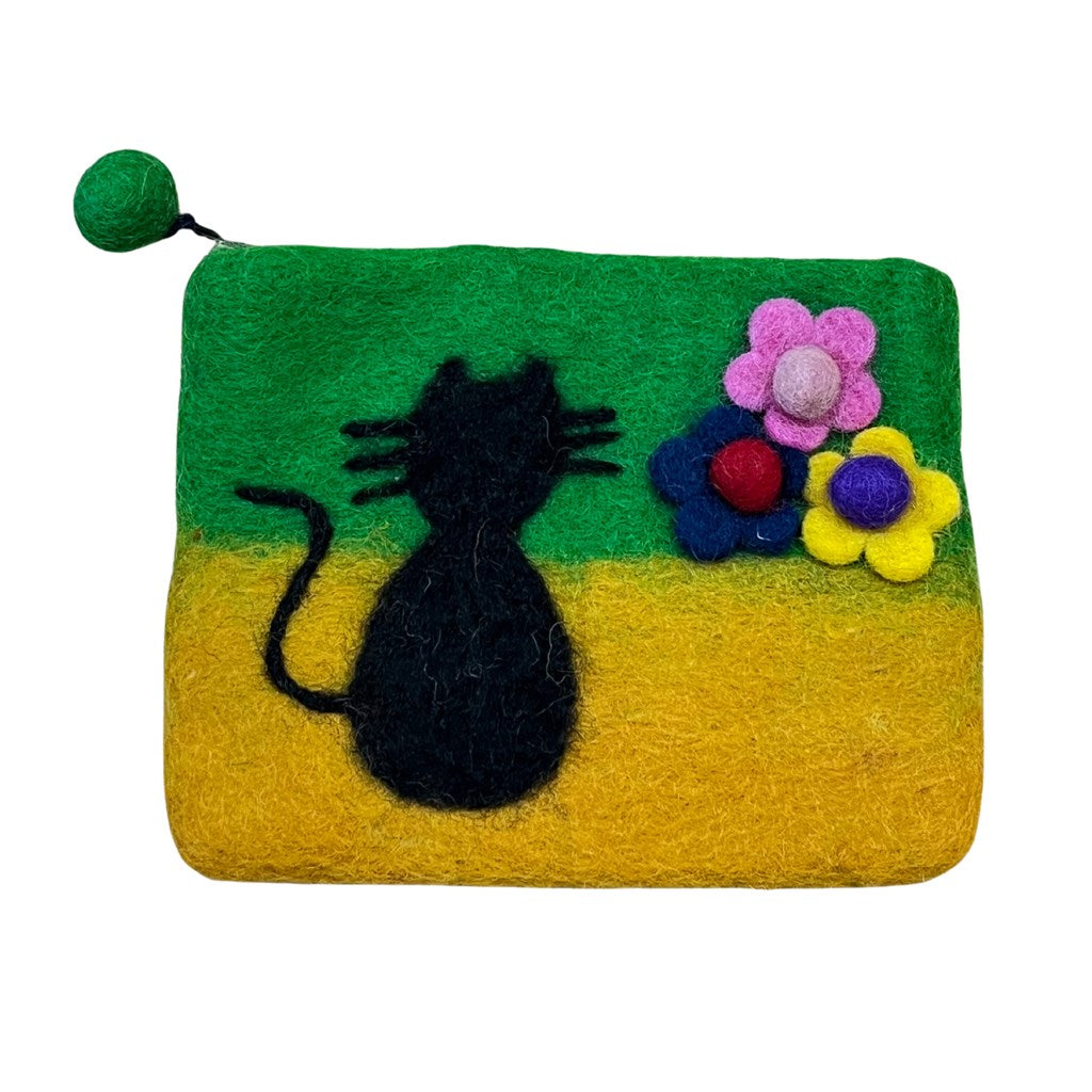 フエルト お花とうしろ姿の黒猫ポーチ グリーン
