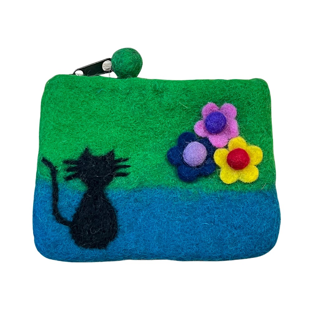 フエルト お花とうしろ姿の黒猫ポーチ ターコイズ
