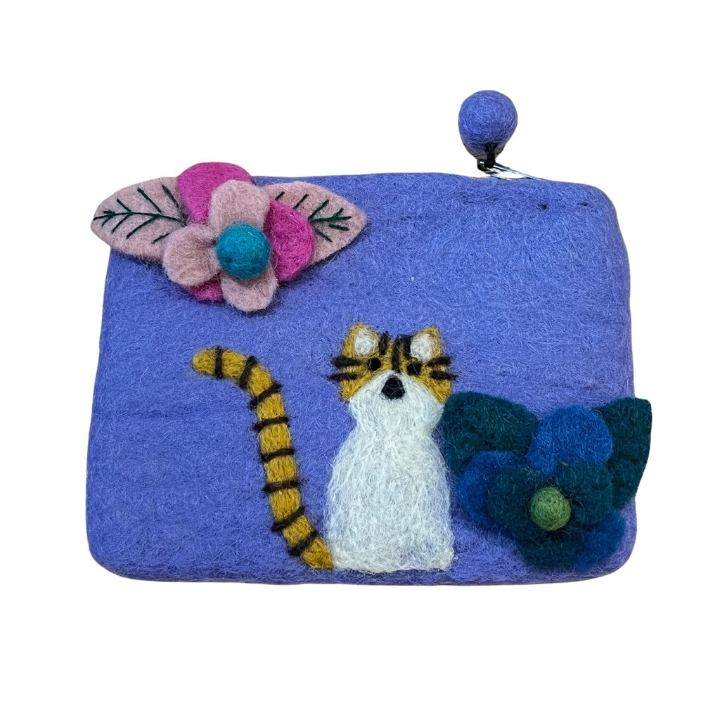 Felt Tiger Cat and Flower Pouch Purple