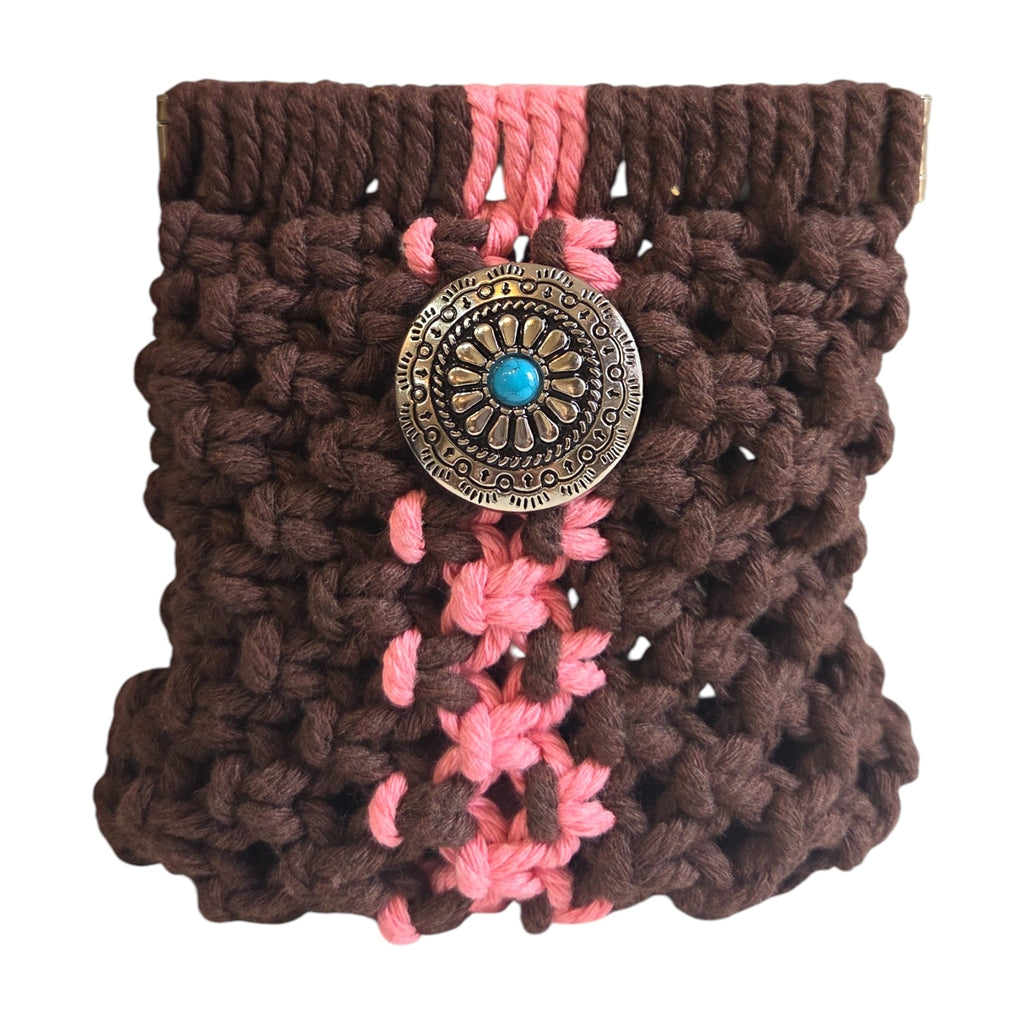 マクラメ　バネ口ポーチ　Brown×Pink