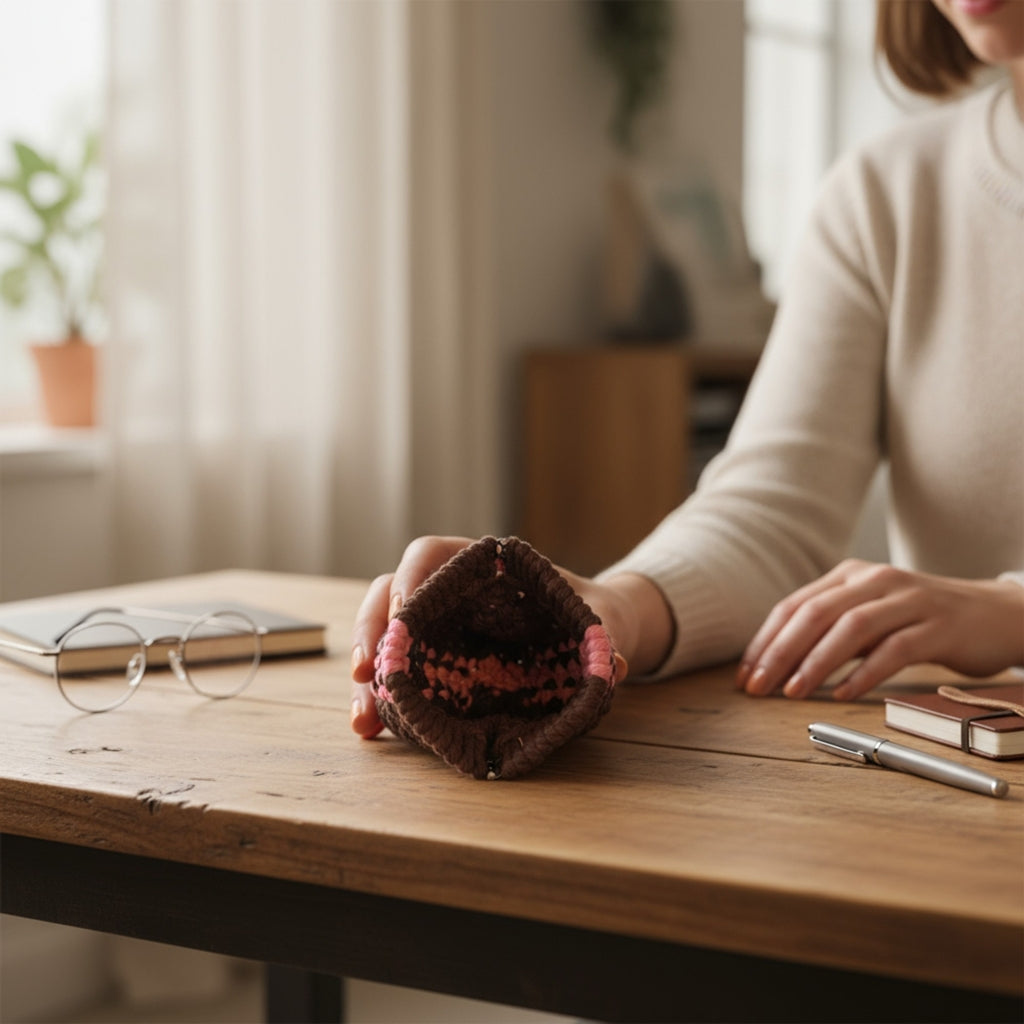 マクラメ　バネ口ポーチ　Brown×Pink