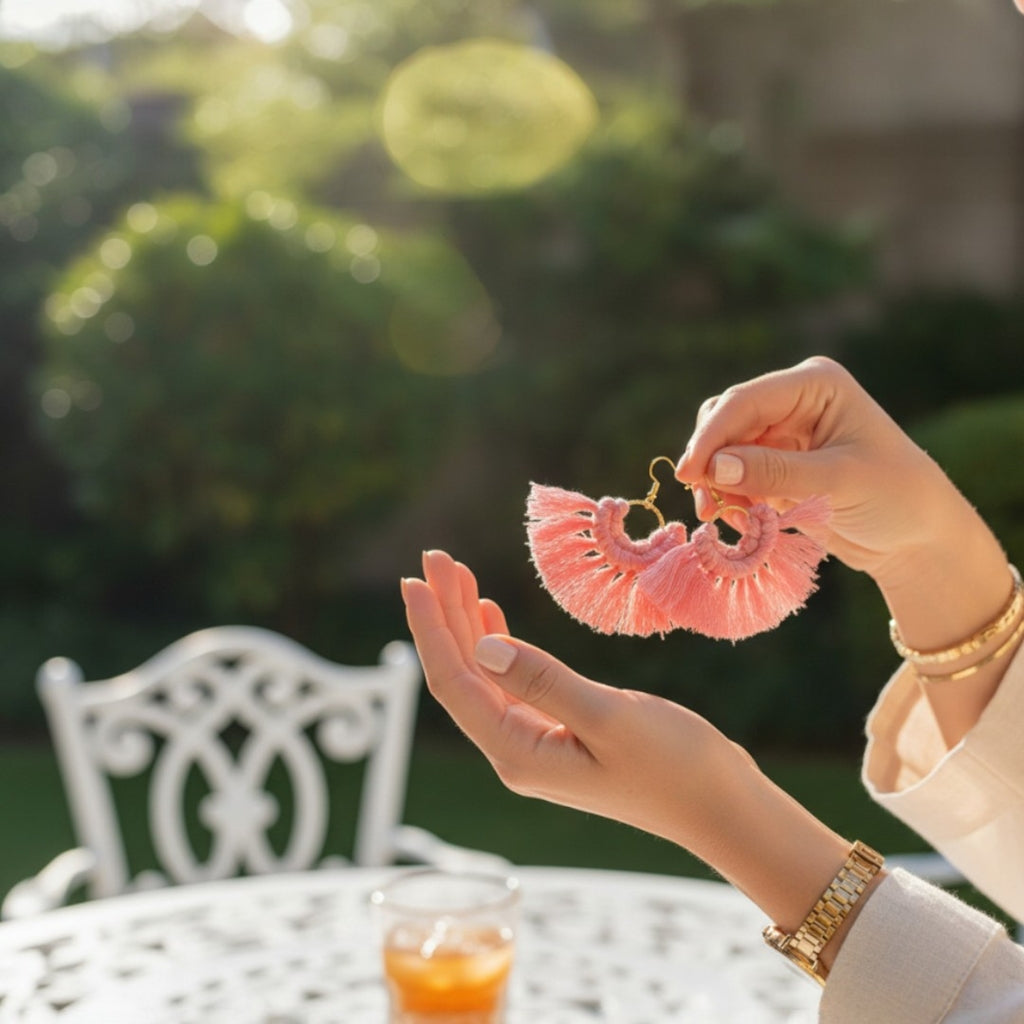 マクラメ　ピアス　ゴールドリング　Hot Pink