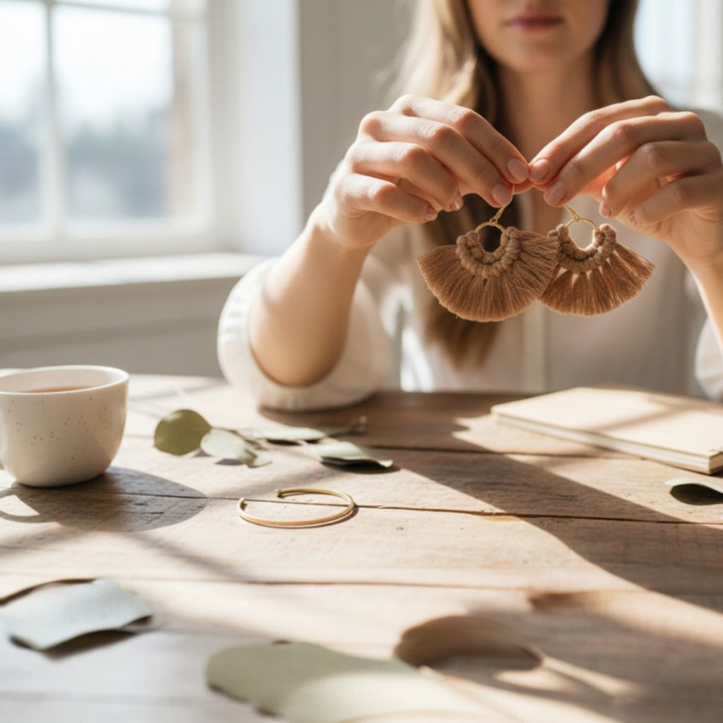 マクラメ　ピアス　ゴールドリング　camel