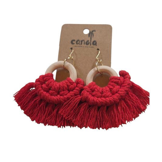 マクラメ　ピアス　ウッドリング　Red