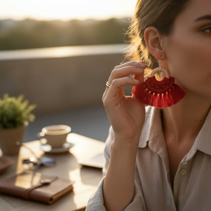 マクラメ　ピアス　ウッドリング　Red