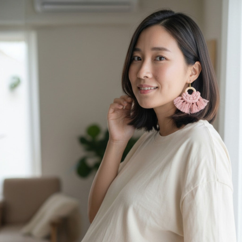 マクラメ　ピアス　ウッドリング　Pink