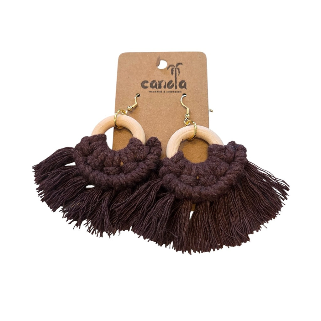 マクラメ　ピアス　ウッドリング　Brown