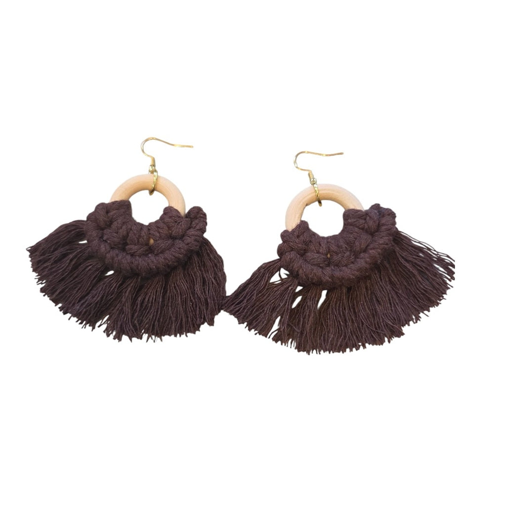 マクラメ　ピアス　ウッドリング　Brown