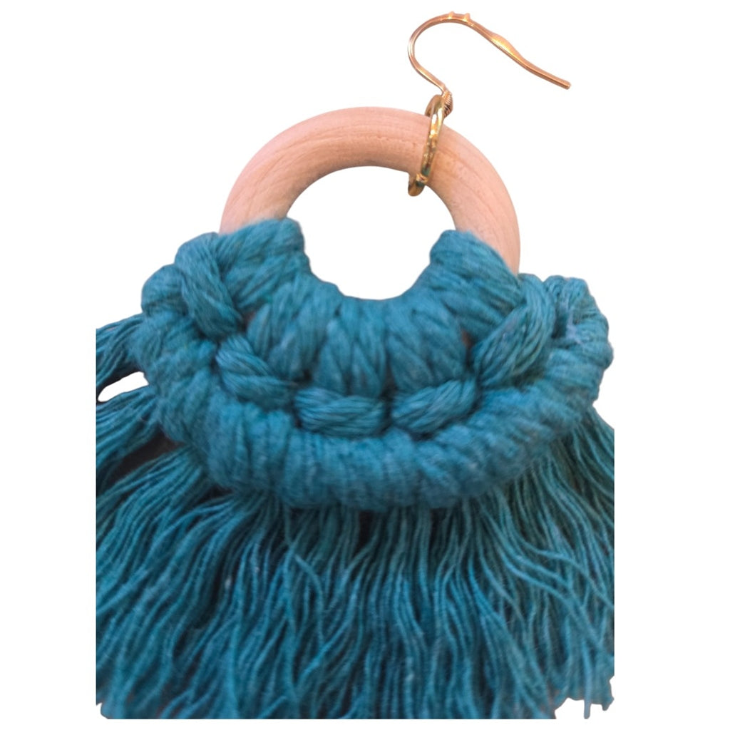 マクラメ　ピアス　ウッドリング　Turquoise