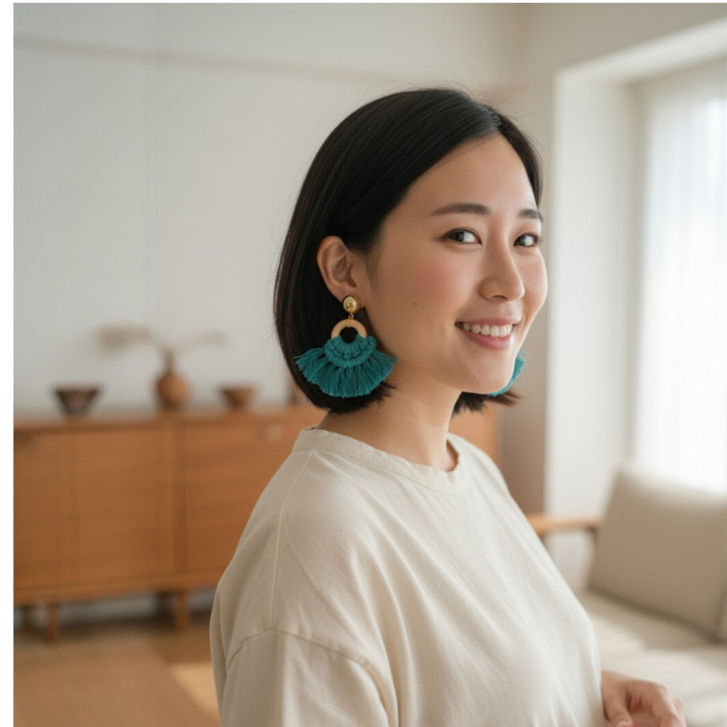 マクラメ　ピアス　ウッドリング　Turquoise