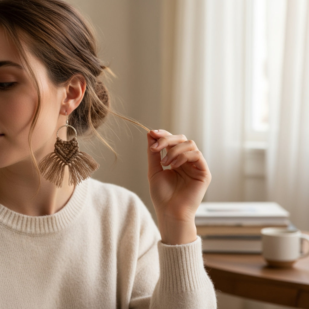 マクラメ　ピアス　ゴールドリング　Brown