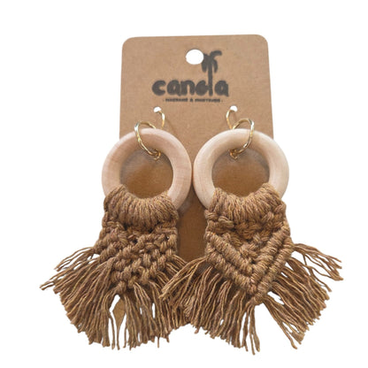 マクラメ　ピアス　ウッドリング　Brown