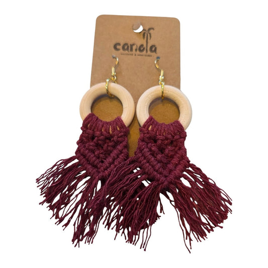 マクラメ　ピアス　ウッドリング　Burgundy