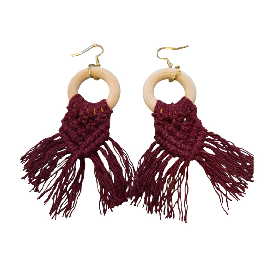 マクラメ　ピアス　ウッドリング　Burgundy