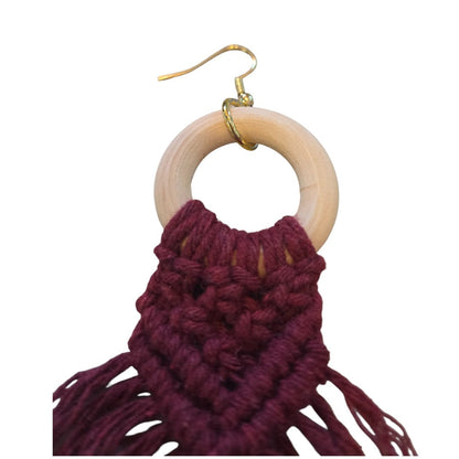 マクラメ　ピアス　ウッドリング　Burgundy