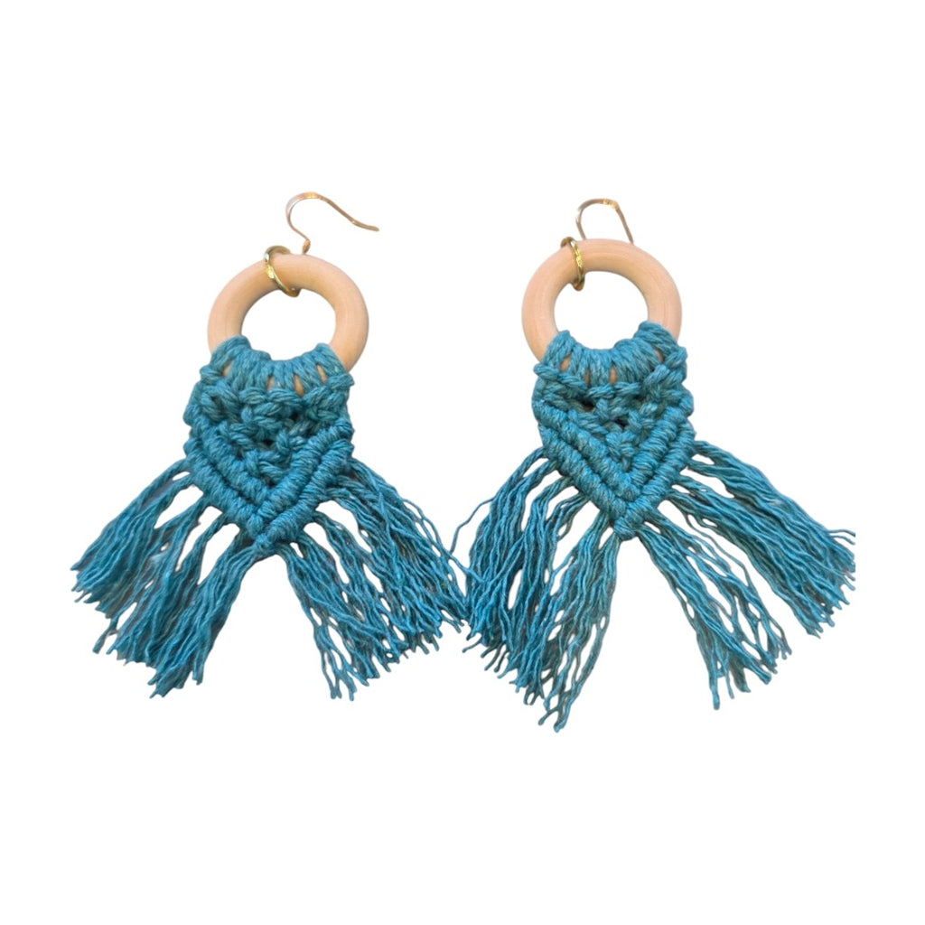 マクラメ　ピアス　ウッドリング　Turquoise