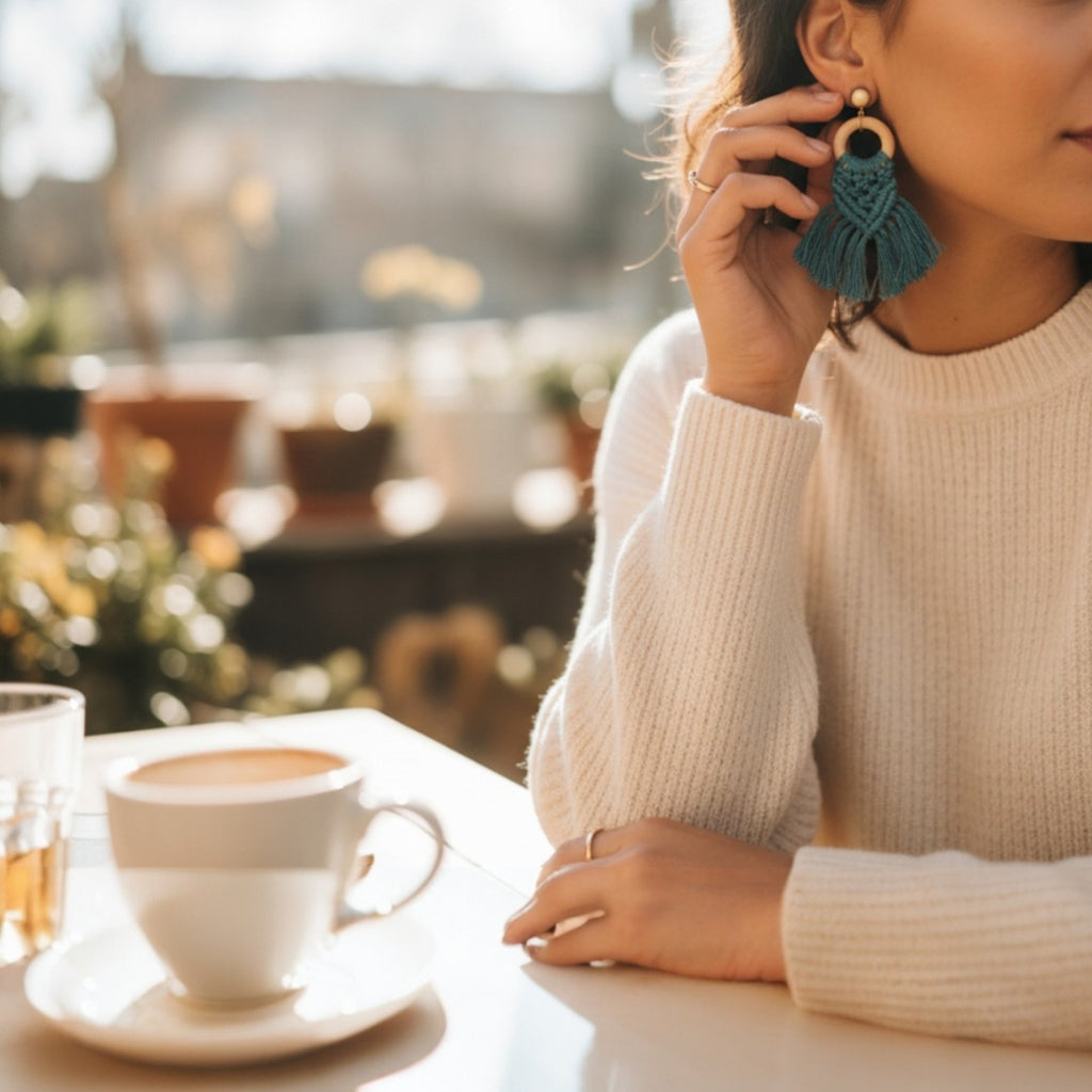 マクラメ　ピアス　ウッドリング　Turquoise