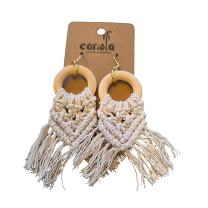 マクラメ　ピアス　ウッドリング　White