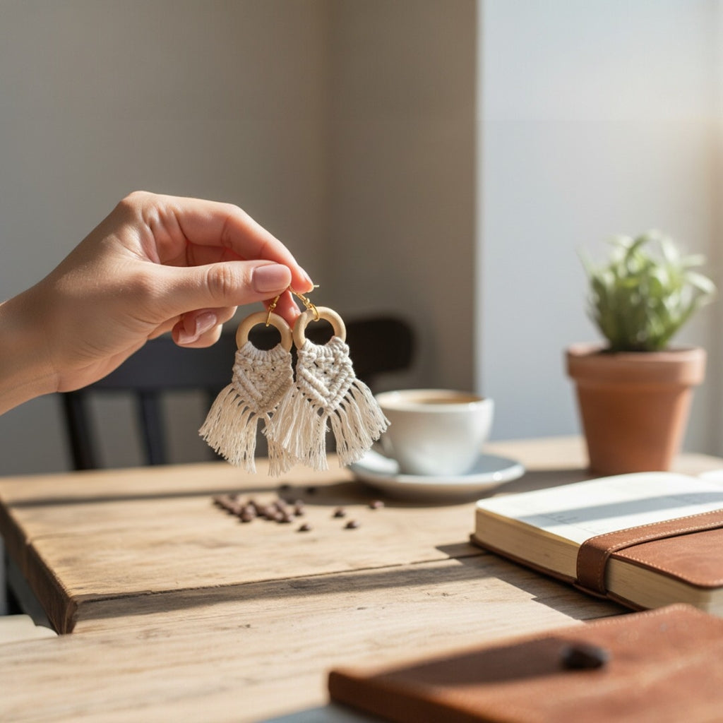 マクラメ ピアス ウッドリング White – 【ハワイアン雑貨】Remote Port