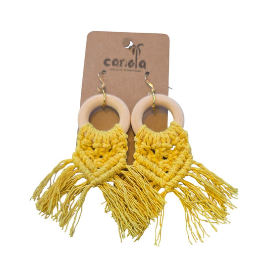 マクラメ　ピアス　ウッドリング　Yellow