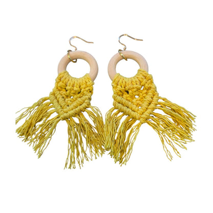 マクラメ　ピアス　ウッドリング　Yellow