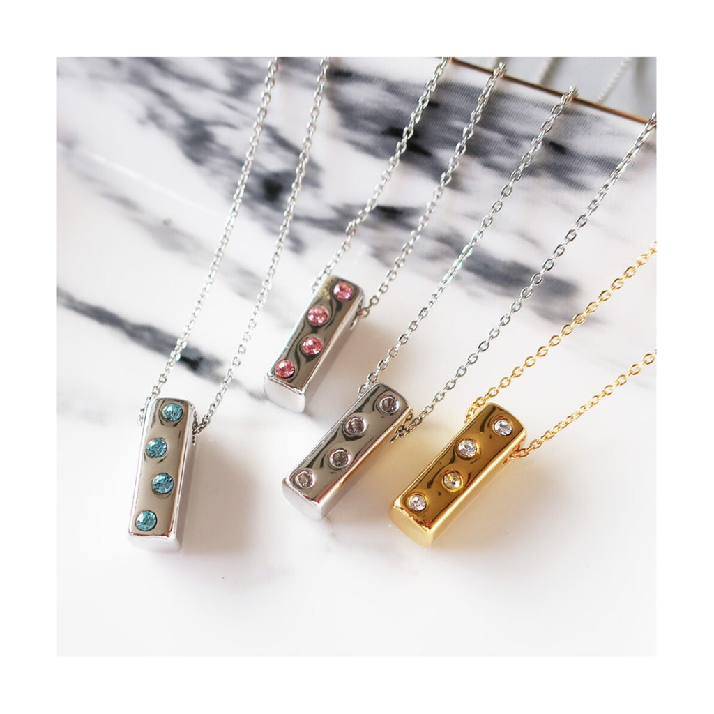 Rectangular color stone necklace, silver x pink