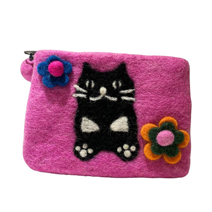 Felt Flower and Plump Black Cat Pouch [PINK]