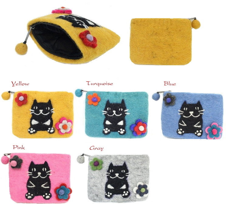 Felt Flower and Plump Black Cat Pouch [PINK]