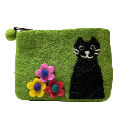 フェルト 黒猫とお花のポーチ【GREEN】