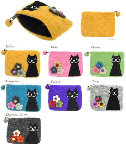フェルト 黒猫とお花のポーチ【GREEN】