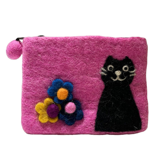 Felt Black Cat and Flower Pouch [PINK]