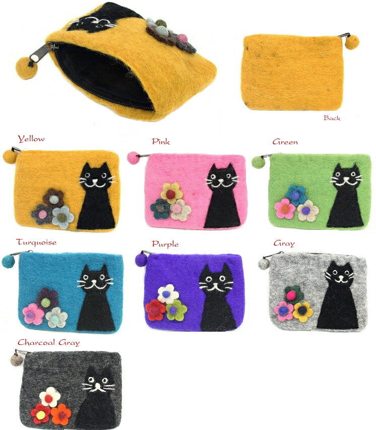 Felt Black Cat and Flower Pouch [PINK]