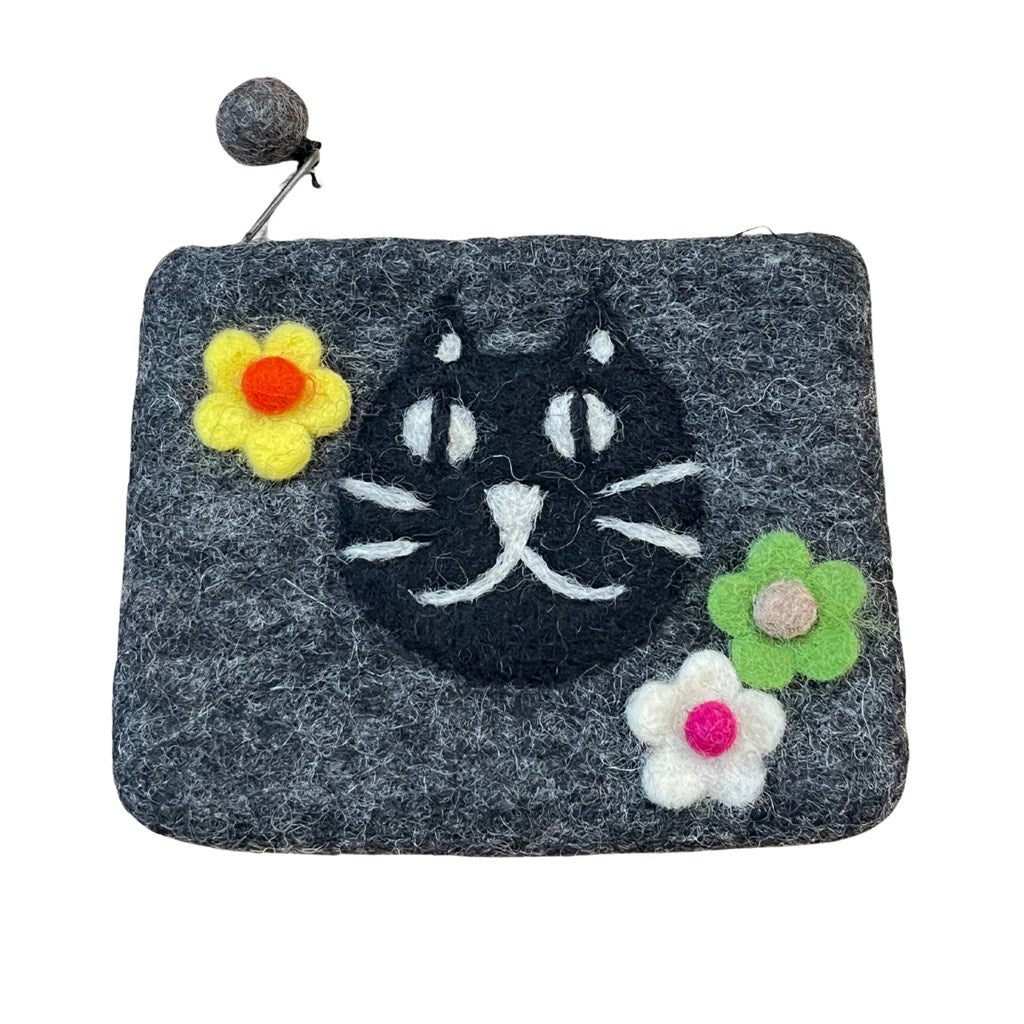 Felt cat face pouch, charcoal grey