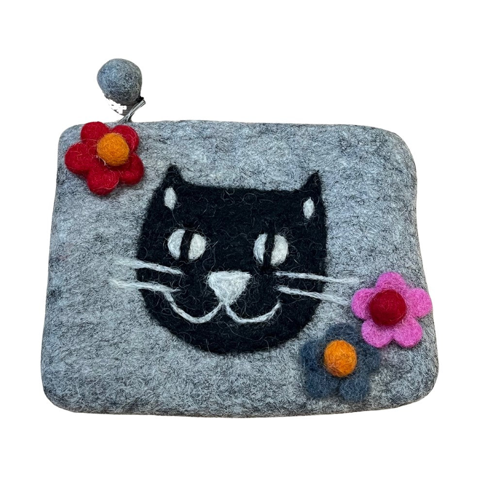 Felt cat face pouch, grey