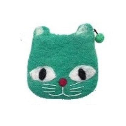 Felt cat face die-cut pouch, green